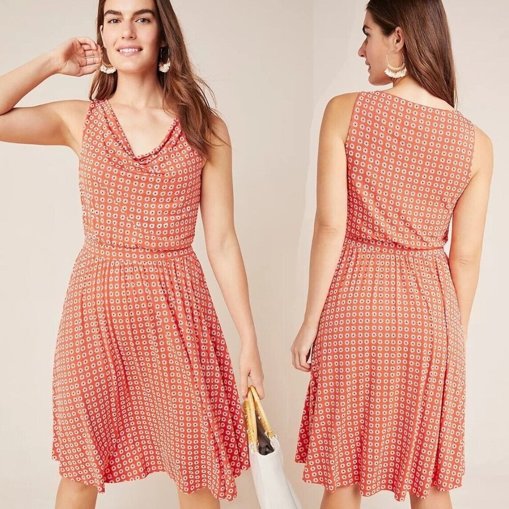 Maeve Brianne Dress Size XS Fit N' Flare Cowl Draped Neck Tangerine Daisy Floral